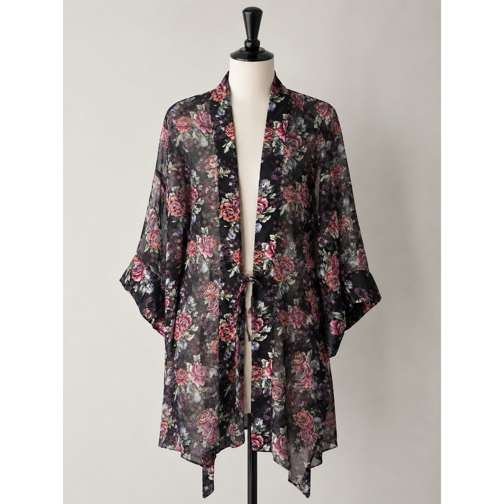 Vintage Gold Label Victoria's Secret Black Floral Sheer Kimono Robe One Size